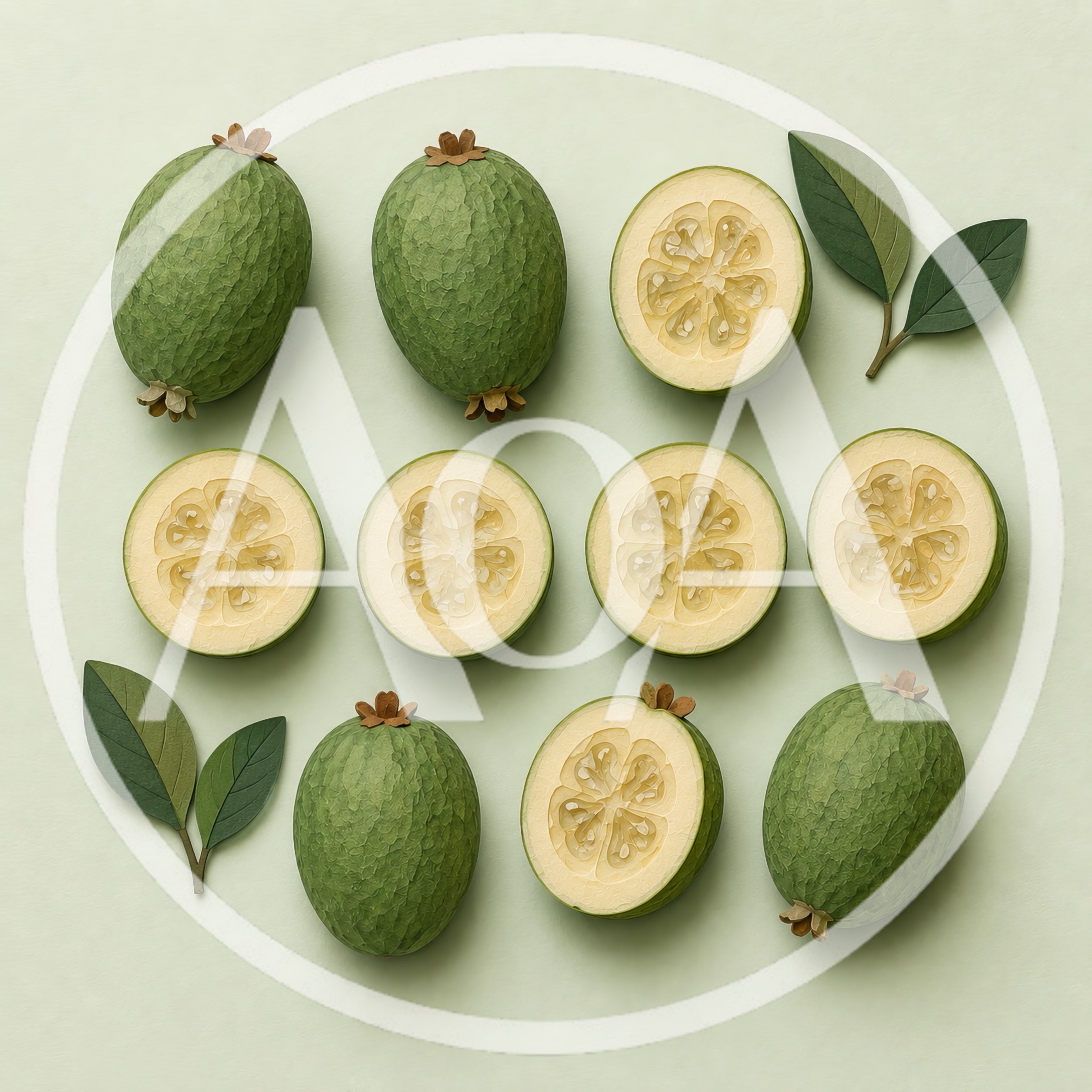 Fresh Feijoa Fruit Arrangement on Light Green Background