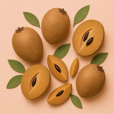 Fresh Sapodilla Fruit Arrangement on Pastel Background