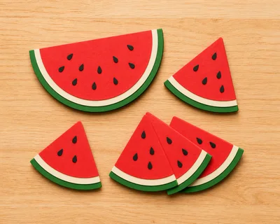 Watermelon Slice Coasters Arranged On Wooden Surface