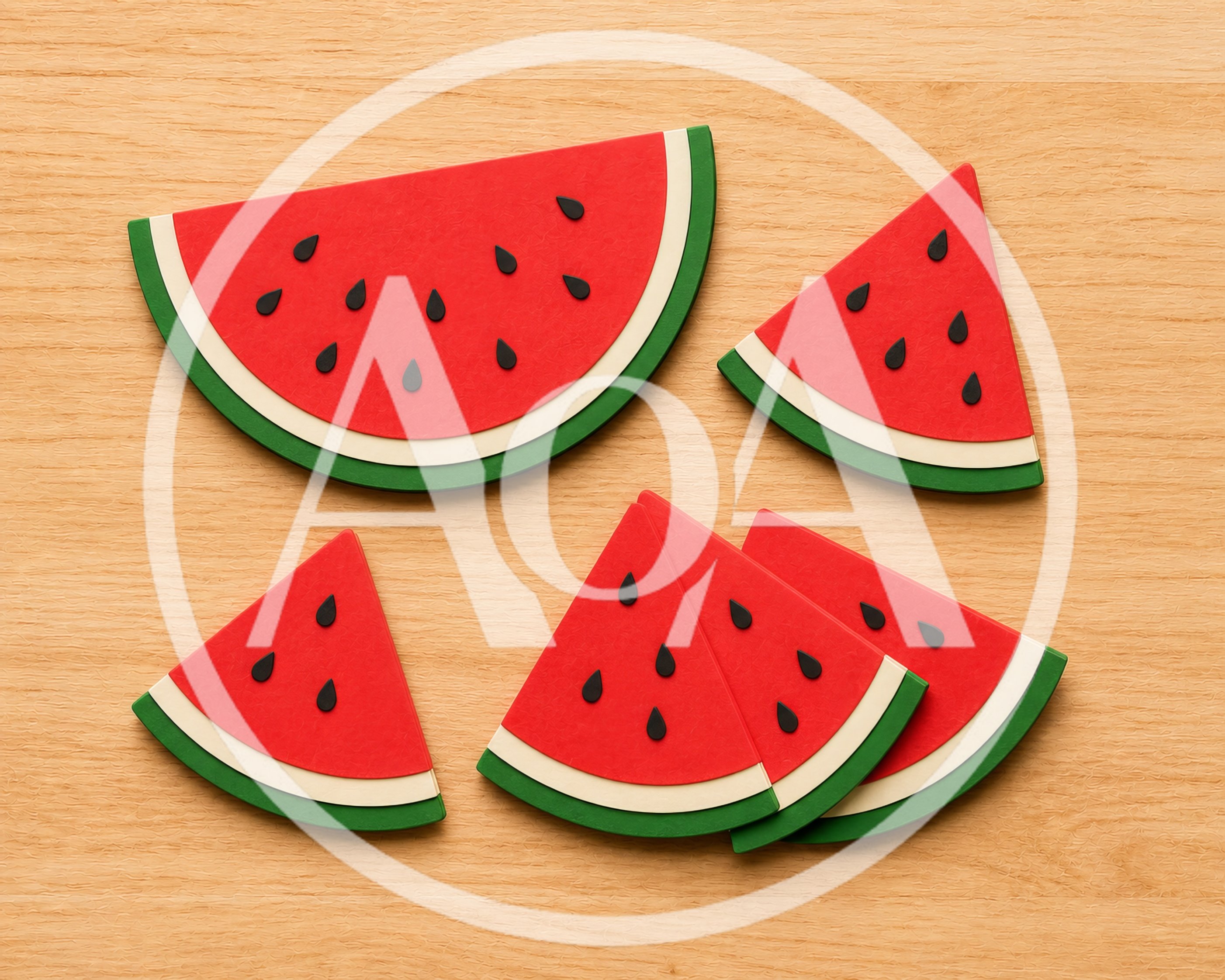 Watermelon Slice Coasters Arranged On Wooden Surface
