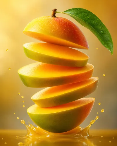 Floating Sliced Mango Fruit With Juice Splash