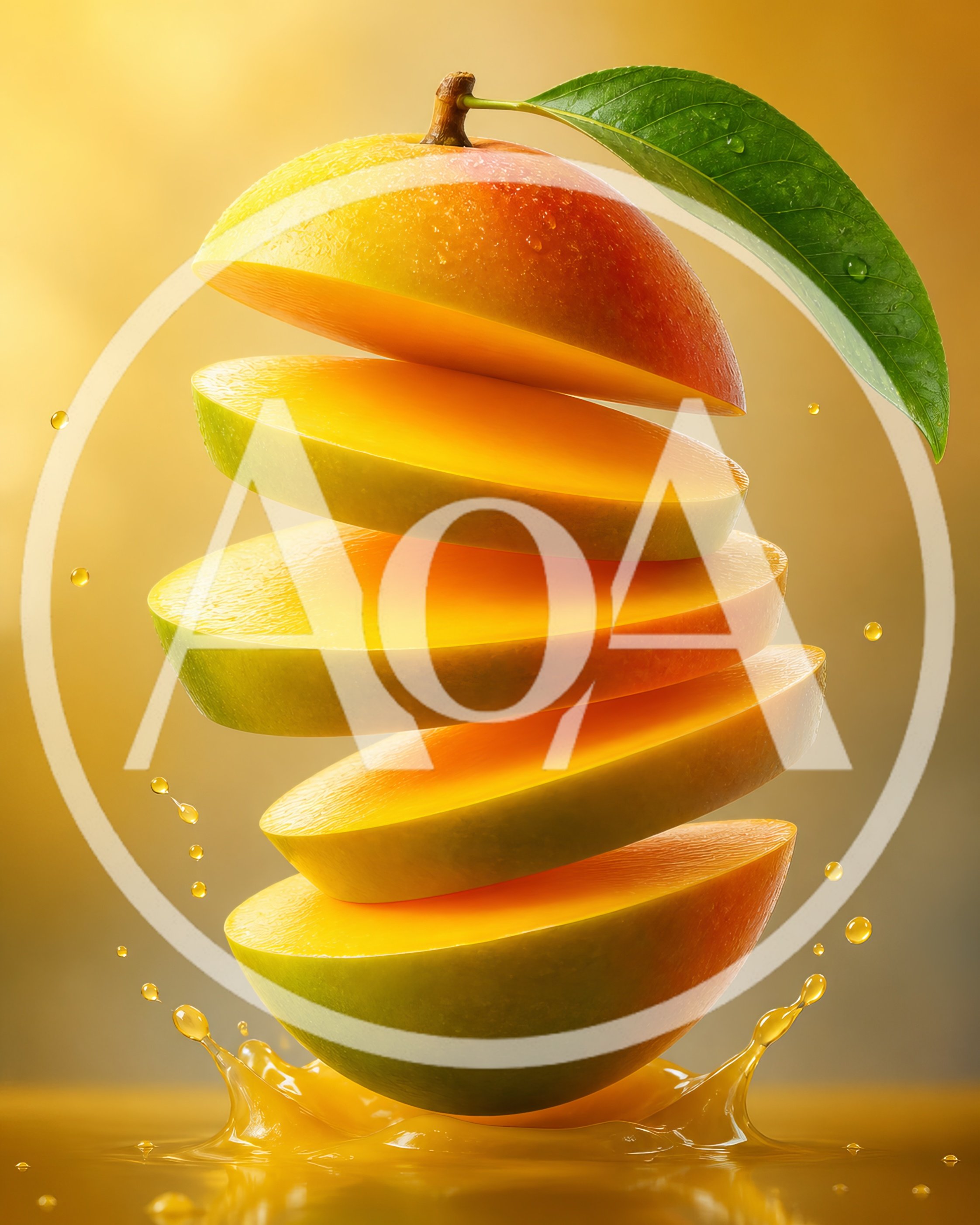 Floating Sliced Mango Fruit With Juice Splash