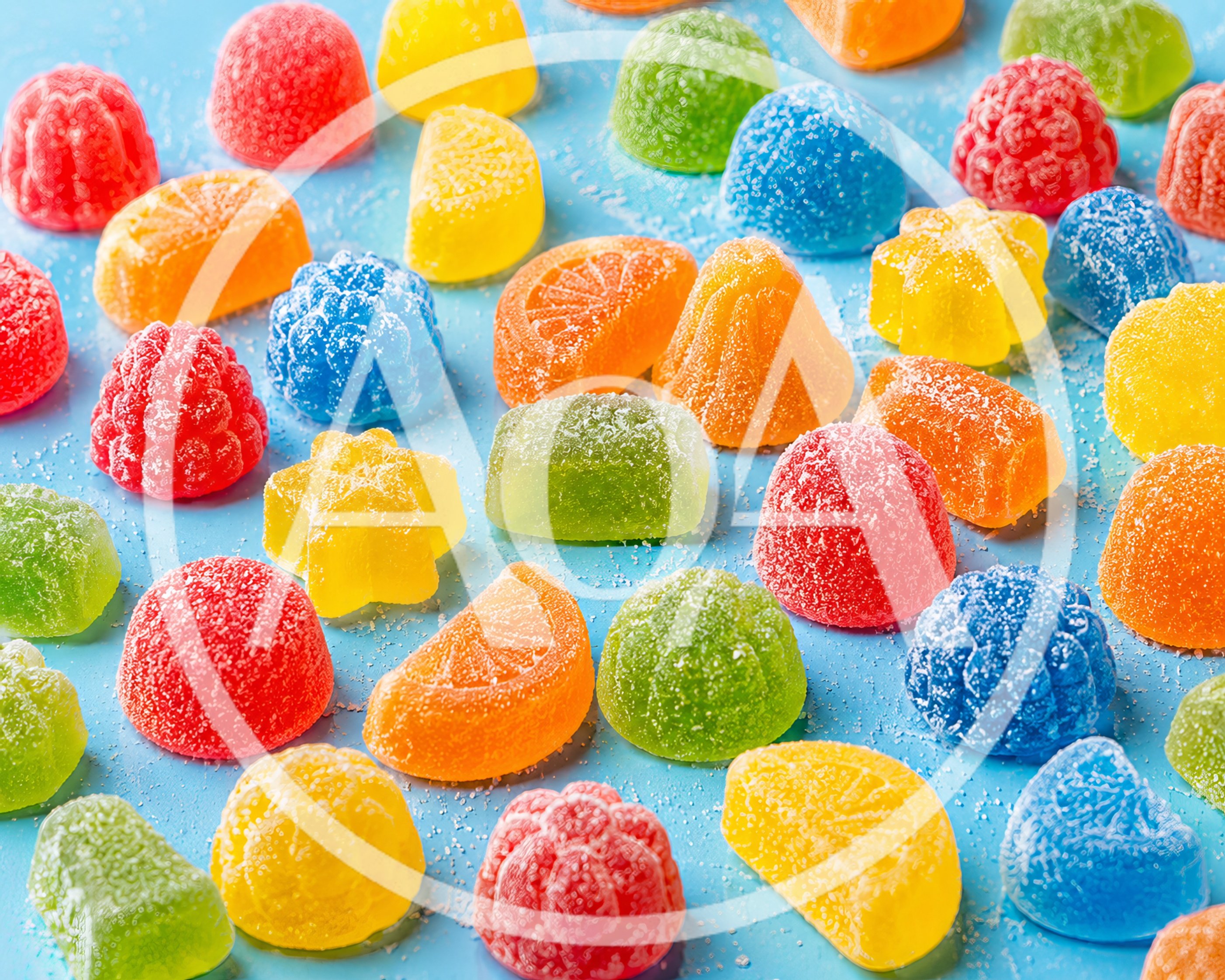 Assorted Colorful Gummy Candies on Blue Background