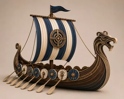 Detailed Wooden Viking Longship Model With Striped Sail