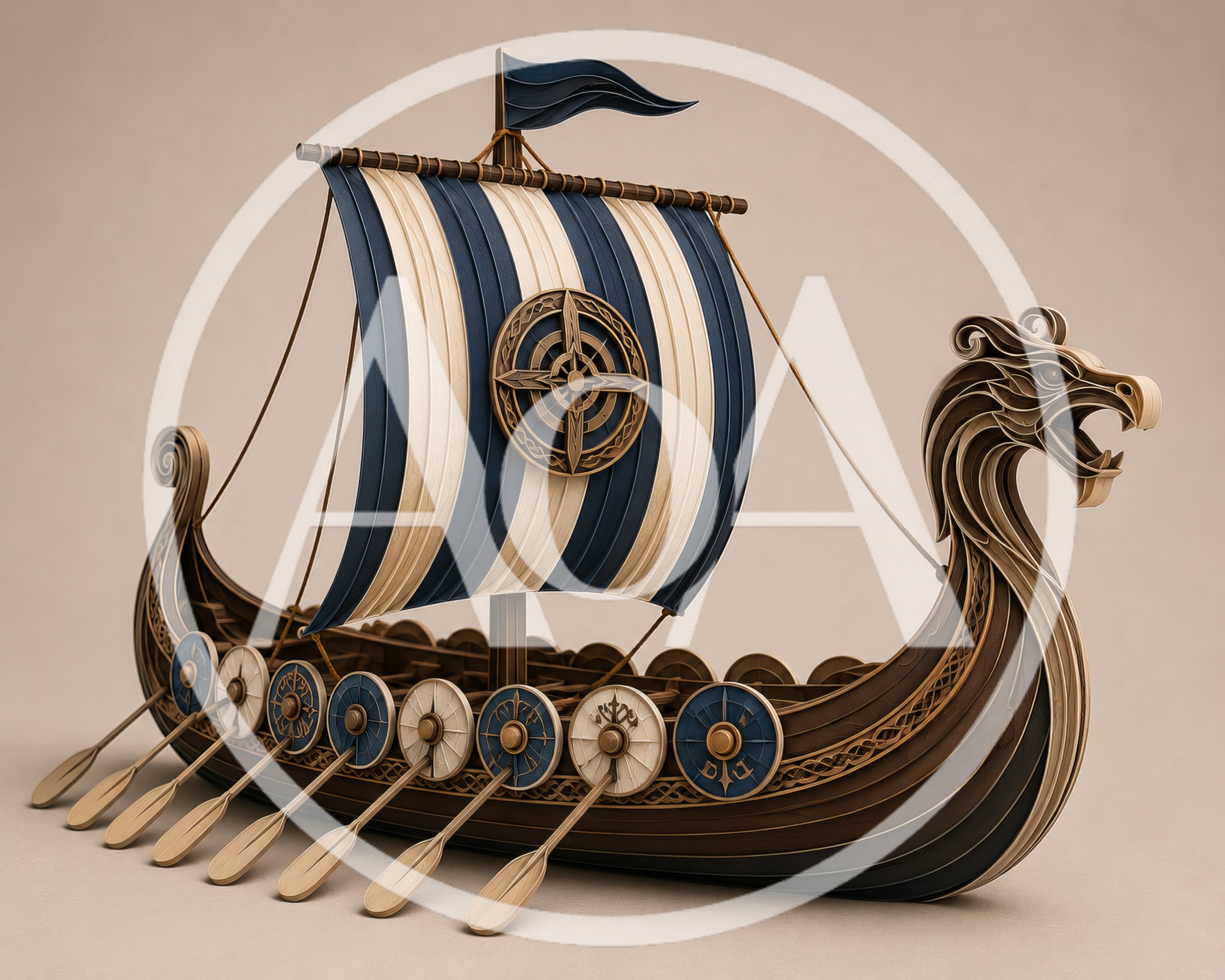 Detailed Wooden Viking Longship Model With Striped Sail