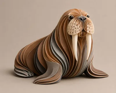 Papercraft Walrus Sculpture On Neutral Background