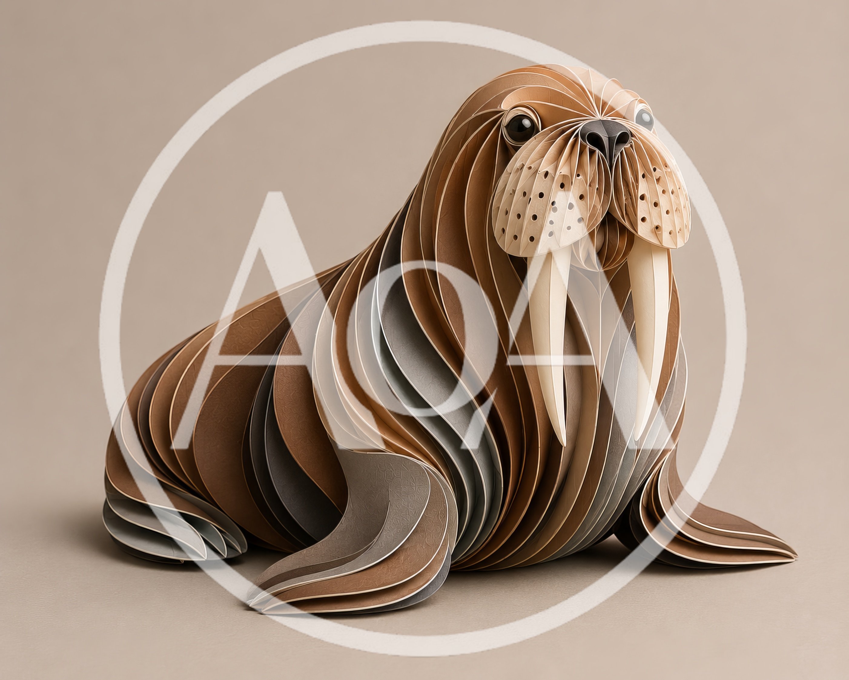 Papercraft Walrus Sculpture On Neutral Background