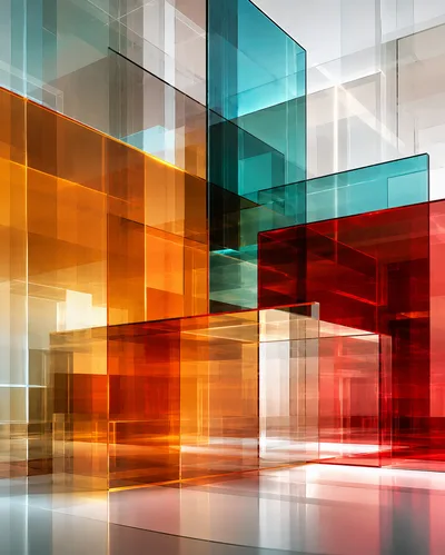 Abstract Geometric Glass Structure With Vibrant Translucent Panels