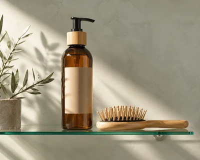 Amber Glass Pump Bottle and Wooden Hairbrush