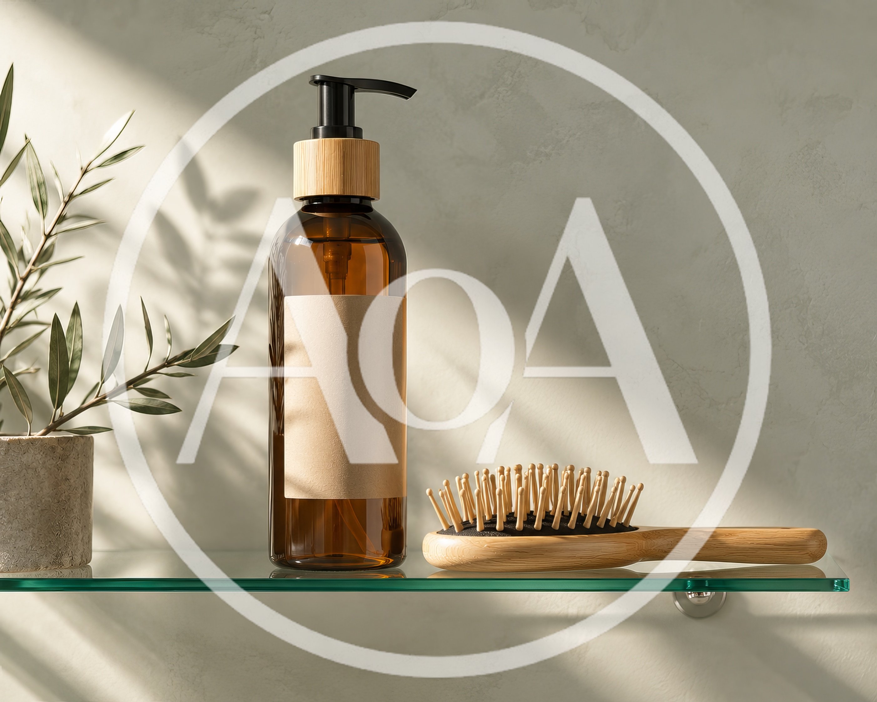 Amber Glass Pump Bottle and Wooden Hairbrush