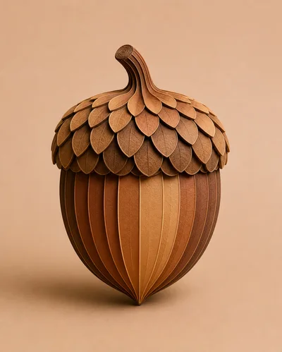 Stylized Wooden Acorn Sculpture With Leaf Patterned Cap