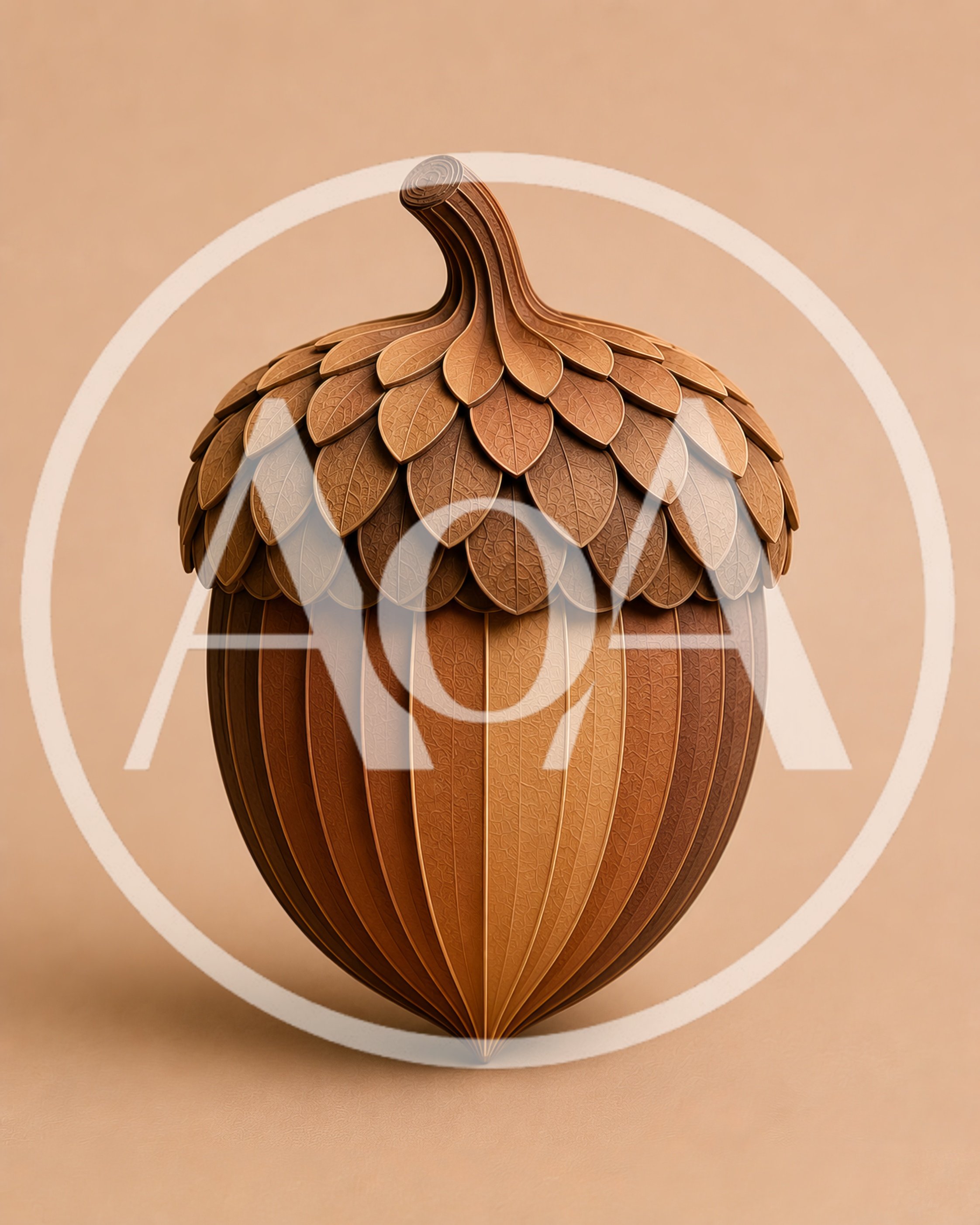Stylized Wooden Acorn Sculpture With Leaf Patterned Cap