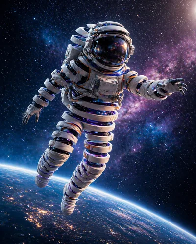 Surreal Astronaut Floating Above Earth In Deep Space