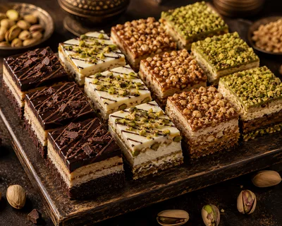 Assorted Gourmet Dessert Squares On A Wooden Tray
