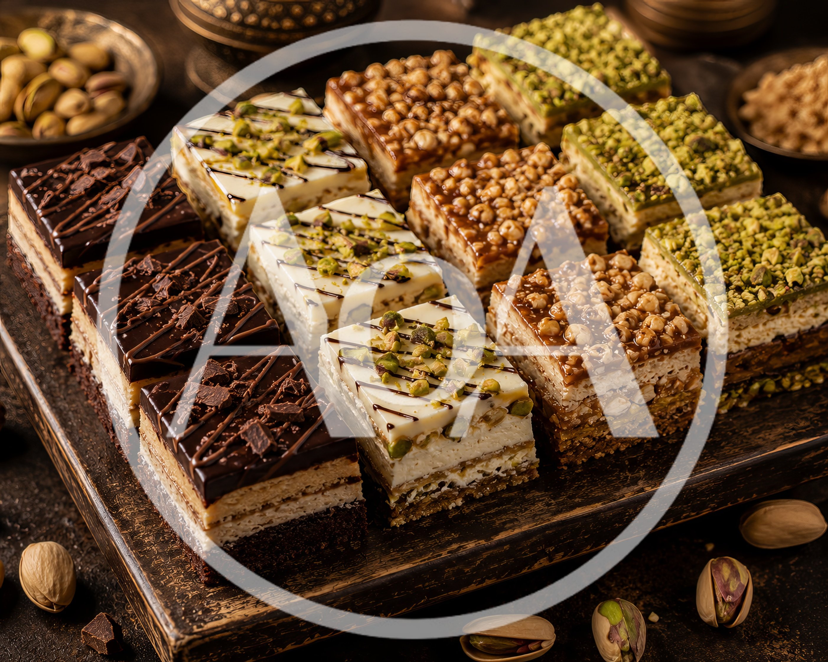 Assorted Gourmet Dessert Squares On A Wooden Tray