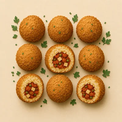Top View Of Arancini Rice Balls On Beige Background