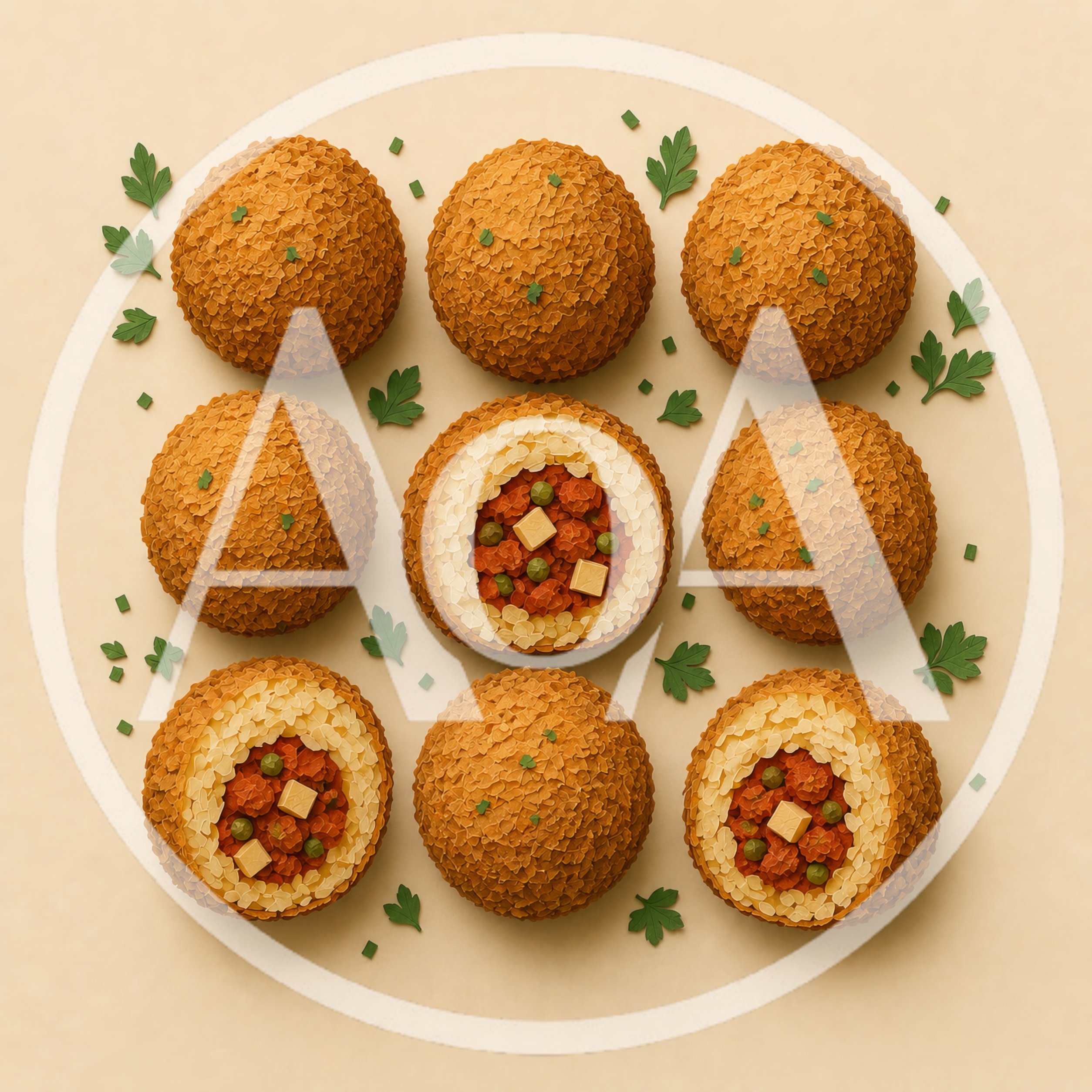 Top View Of Arancini Rice Balls On Beige Background
