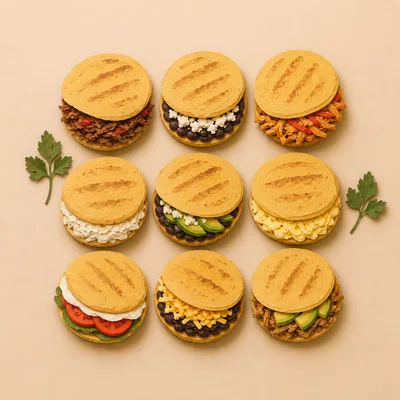 Top View Of Nine Assorted Venezuelan Arepas