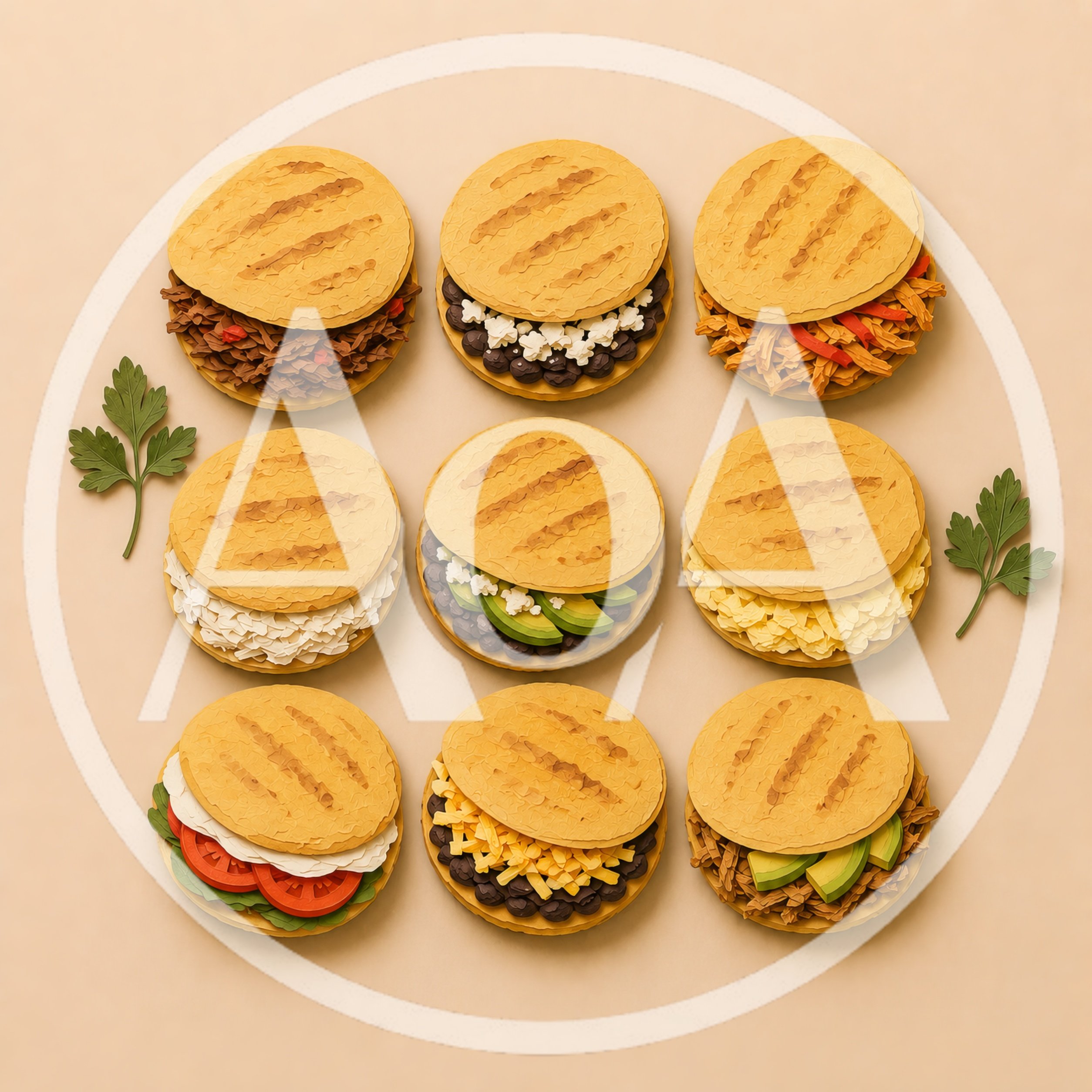 Top View Of Nine Assorted Venezuelan Arepas