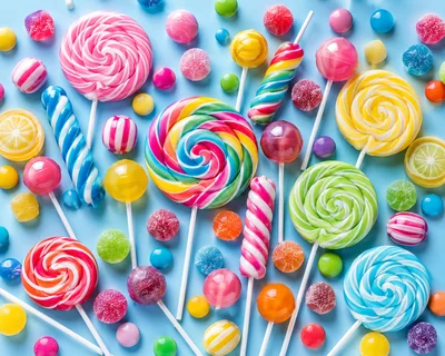 Assorted Colorful Lollipops and Hard Candies on Blue Background