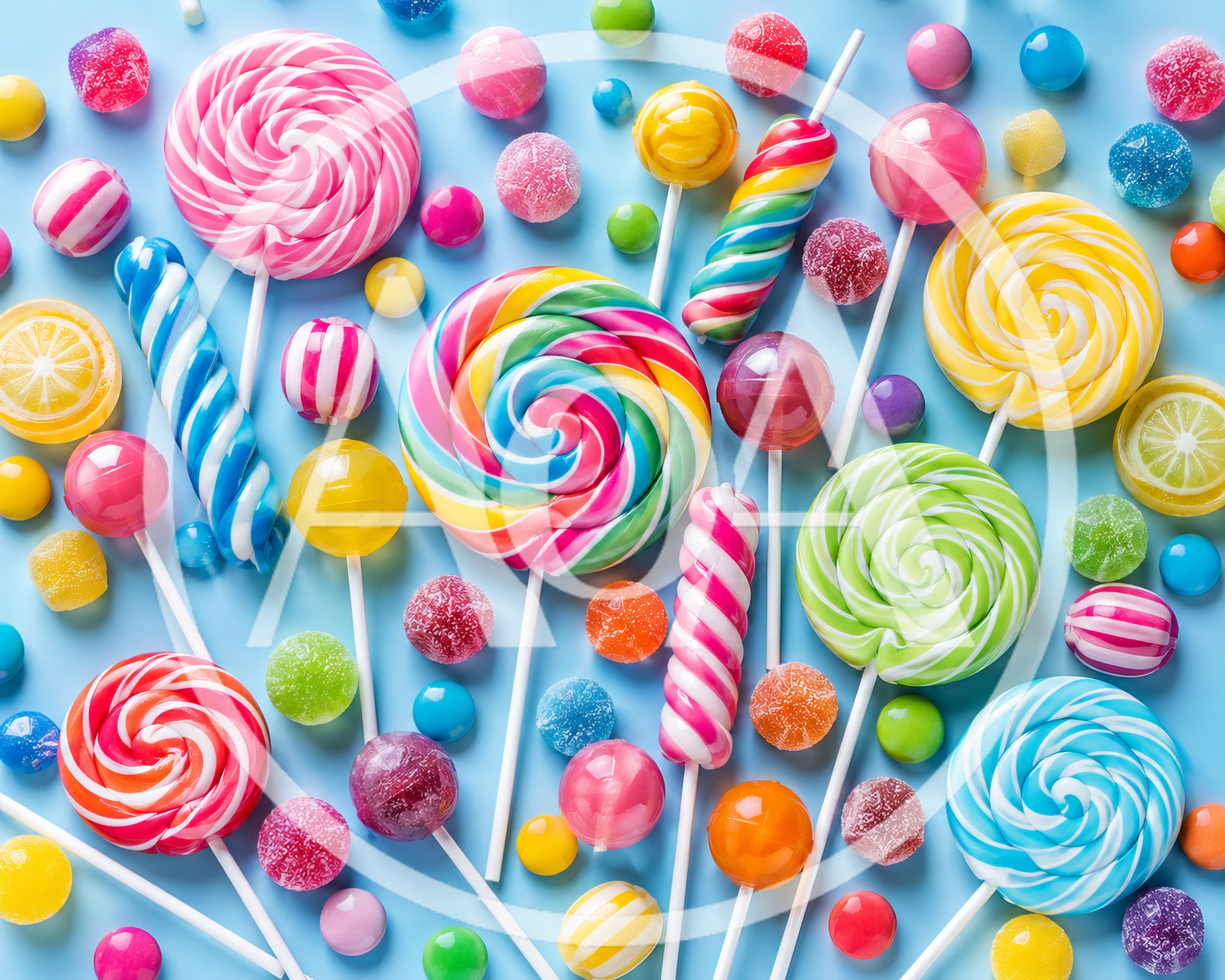 Assorted Colorful Lollipops and Hard Candies on Blue Background