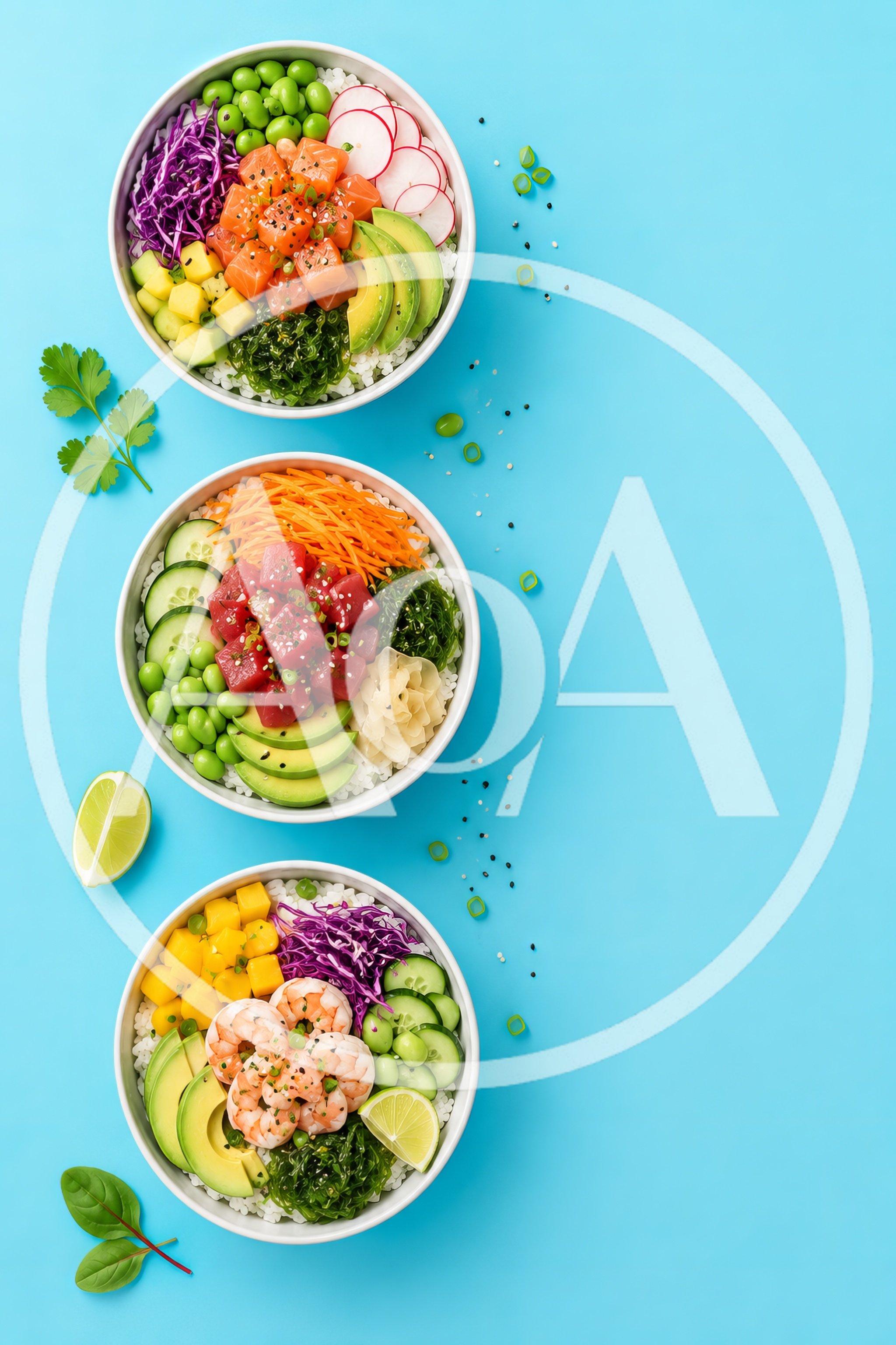 Three Healthy Poke Bowls On Blue Background
