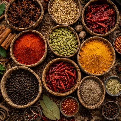 Assorted Spices and Herbs in Woven Bowls
