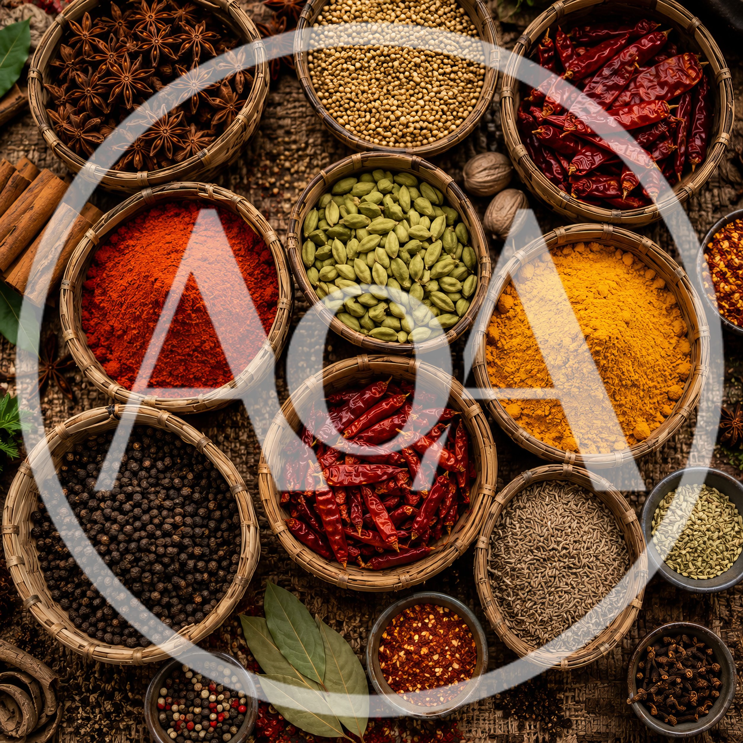 Assorted Spices and Herbs in Woven Bowls