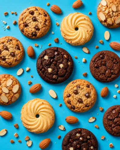 Assorted Cookies and Almonds on Blue Background