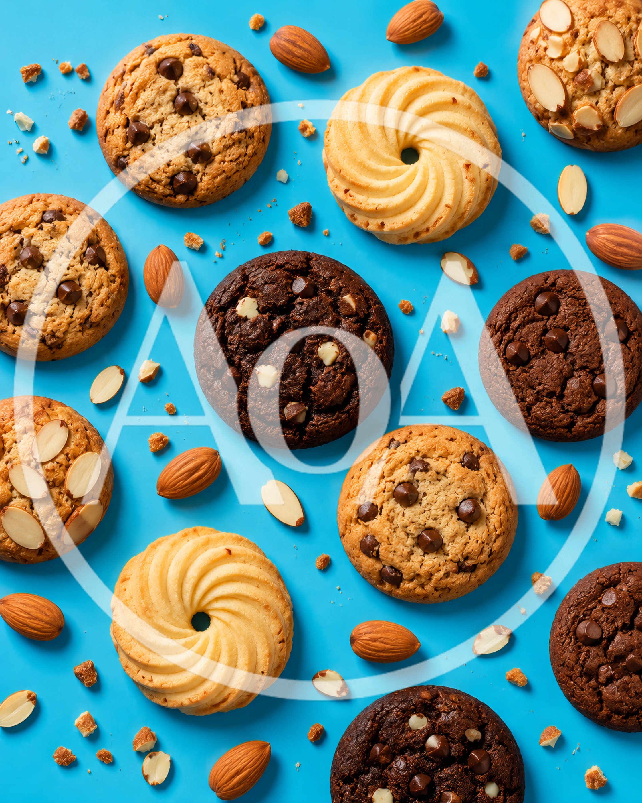 Assorted Cookies and Almonds on Blue Background