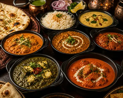 Assorted Indian Curry Dishes With Naan Bread