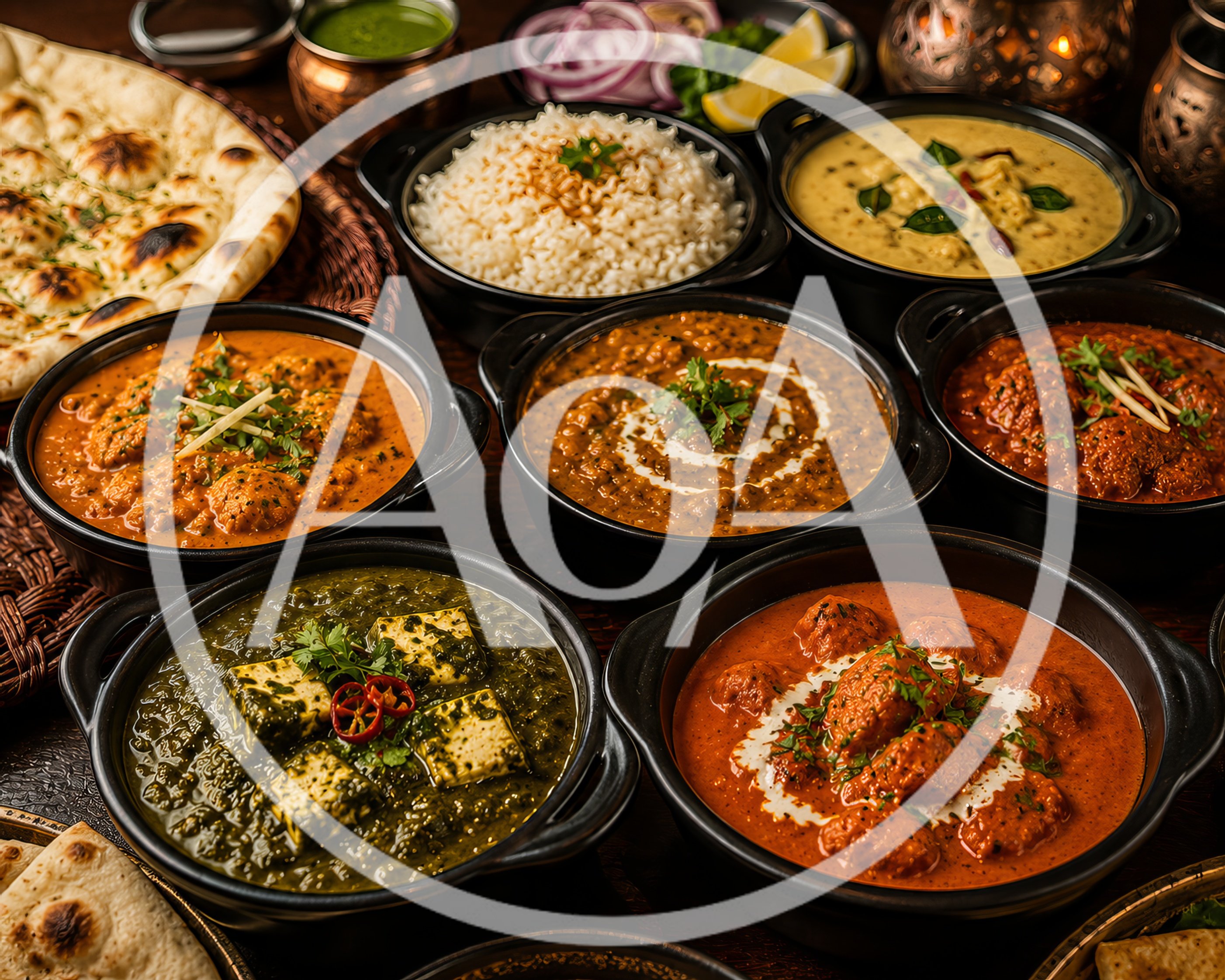 Assorted Indian Curry Dishes With Naan Bread