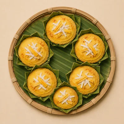 Traditional Thai Coconut Custard Cakes In Banana Leaf Cups