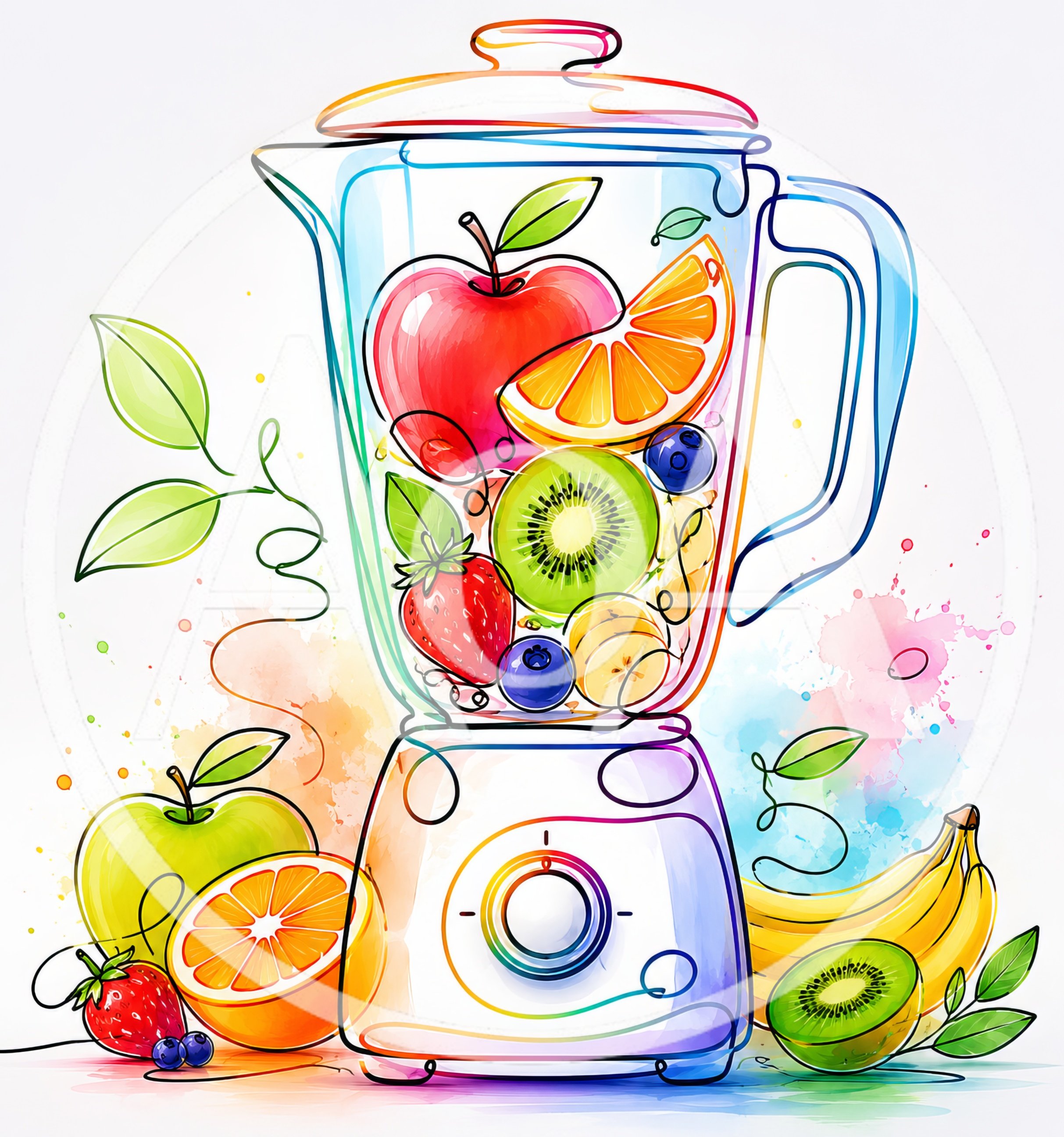 Colorful Watercolor Illustration Of A Fruit Blender