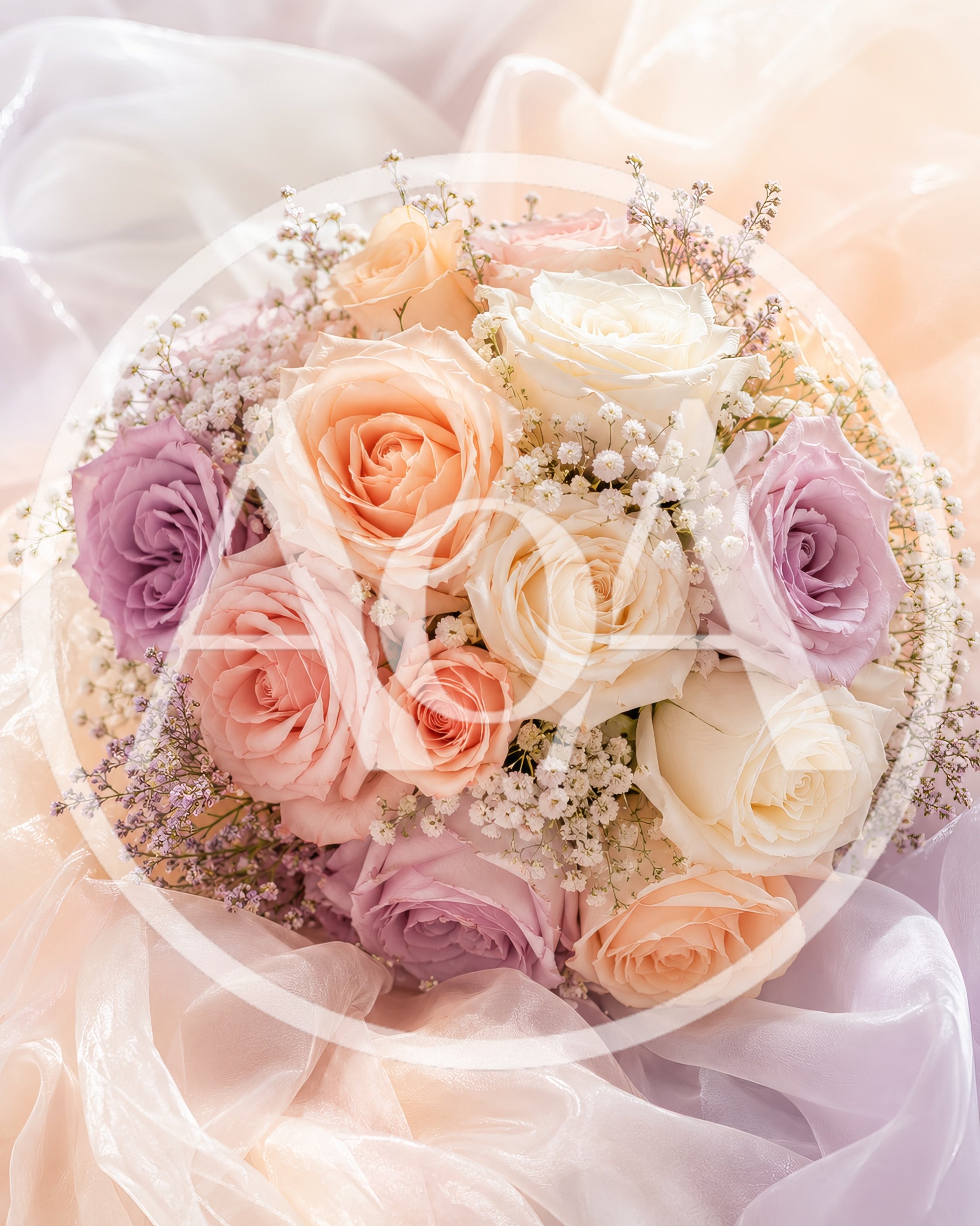Pastel Rose Bouquet on Sheer Fabric
