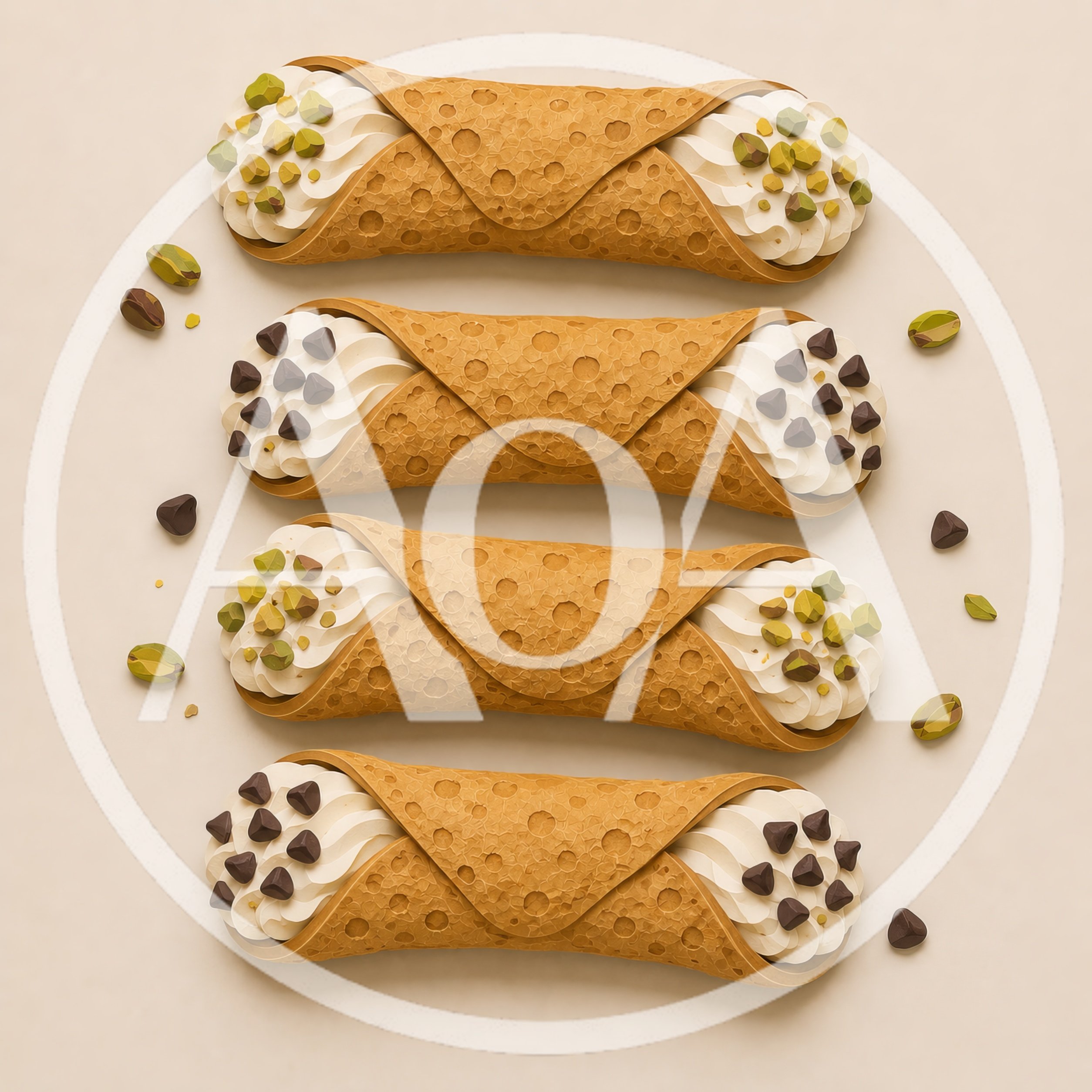 Four Gourmet Cannoli Pastries With Pistachios And Chocolate Chips
