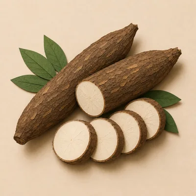 Fresh Cassava Roots With Sliced Pieces And Green Leaves