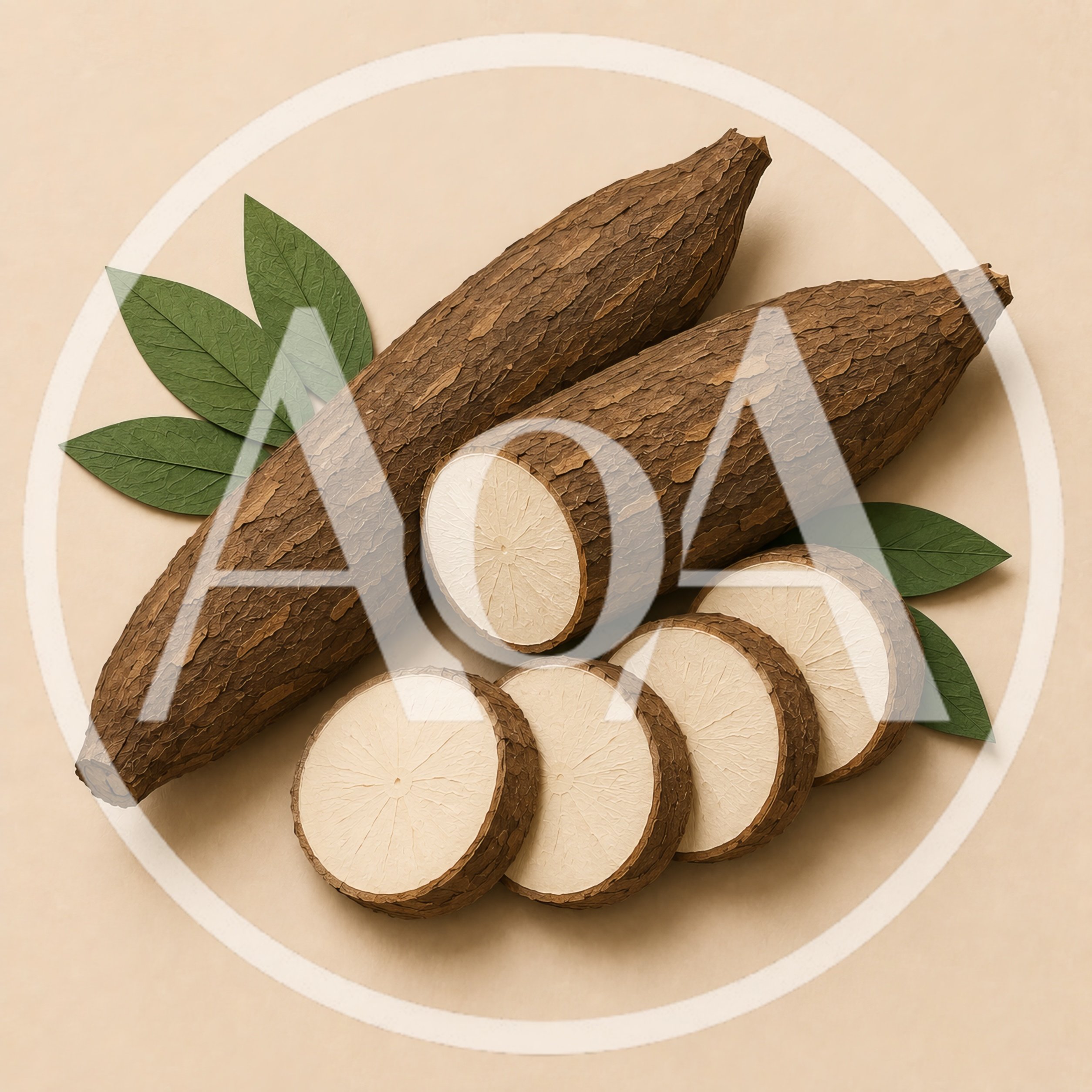 Fresh Cassava Roots With Sliced Pieces And Green Leaves