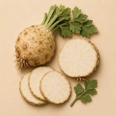 Whole And Sliced Celeriac Root With Green Leaves