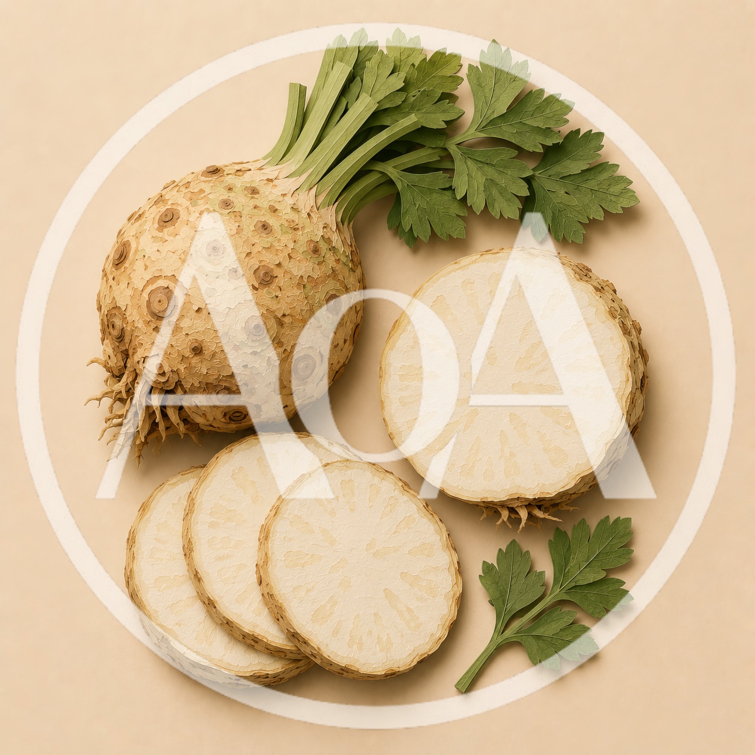 Whole And Sliced Celeriac Root With Green Leaves