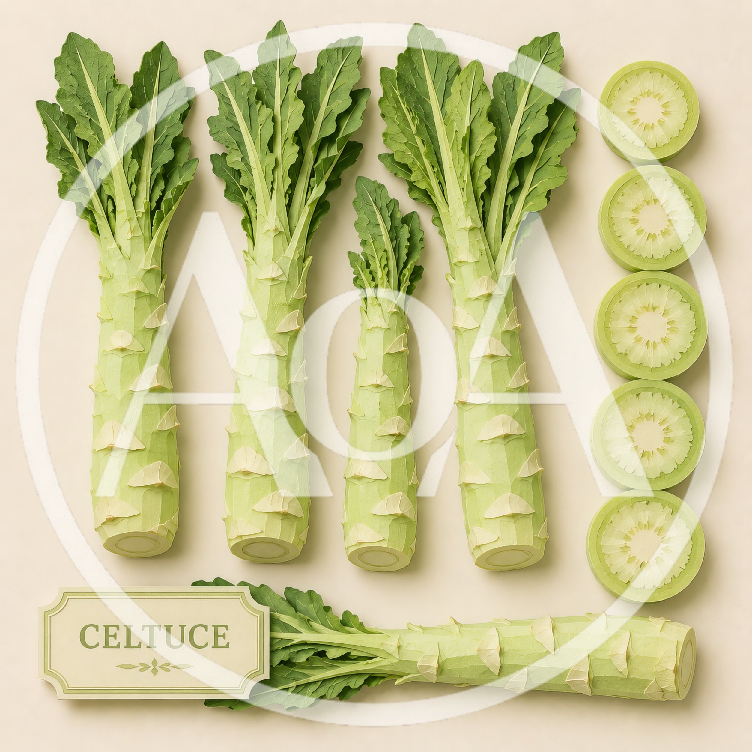 Fresh Celtuce Stems And Slices On Beige Background