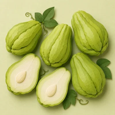 Fresh Whole and Sliced Chayote Squash Arrangement