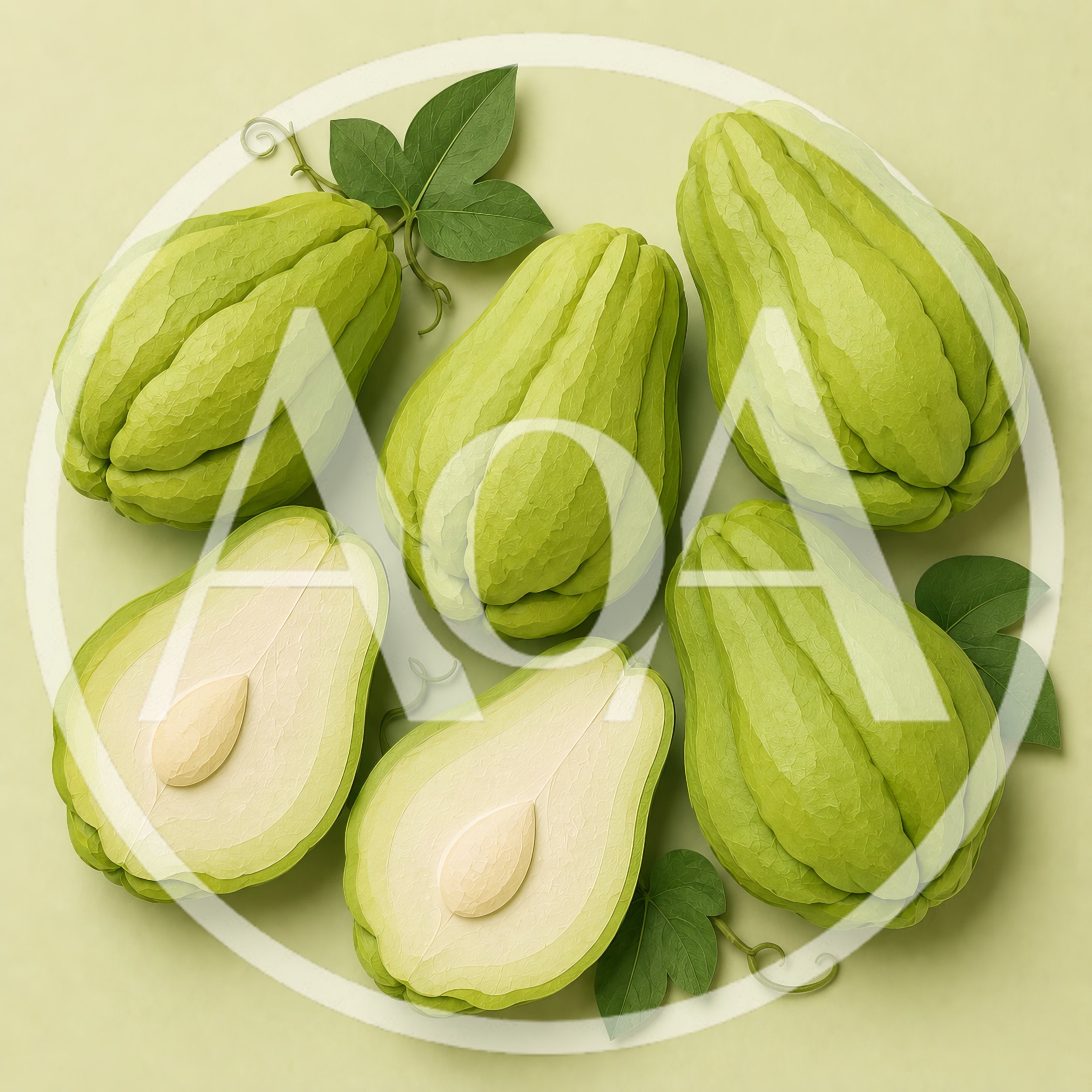 Fresh Whole and Sliced Chayote Squash Arrangement