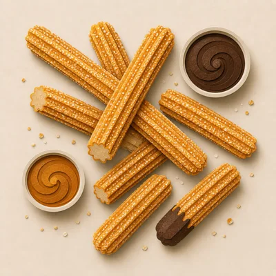 Top View Of Churros With Chocolate And Caramel Dips