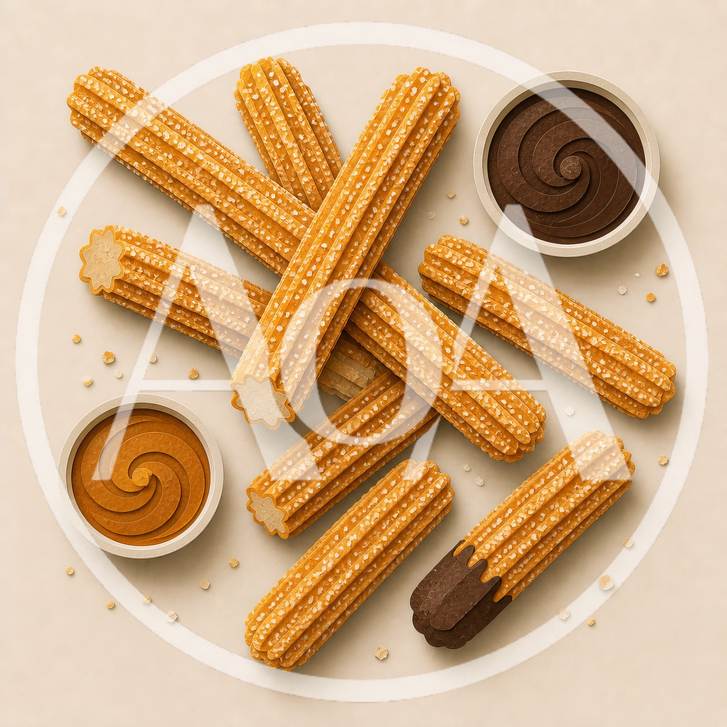 Top View Of Churros With Chocolate And Caramel Dips