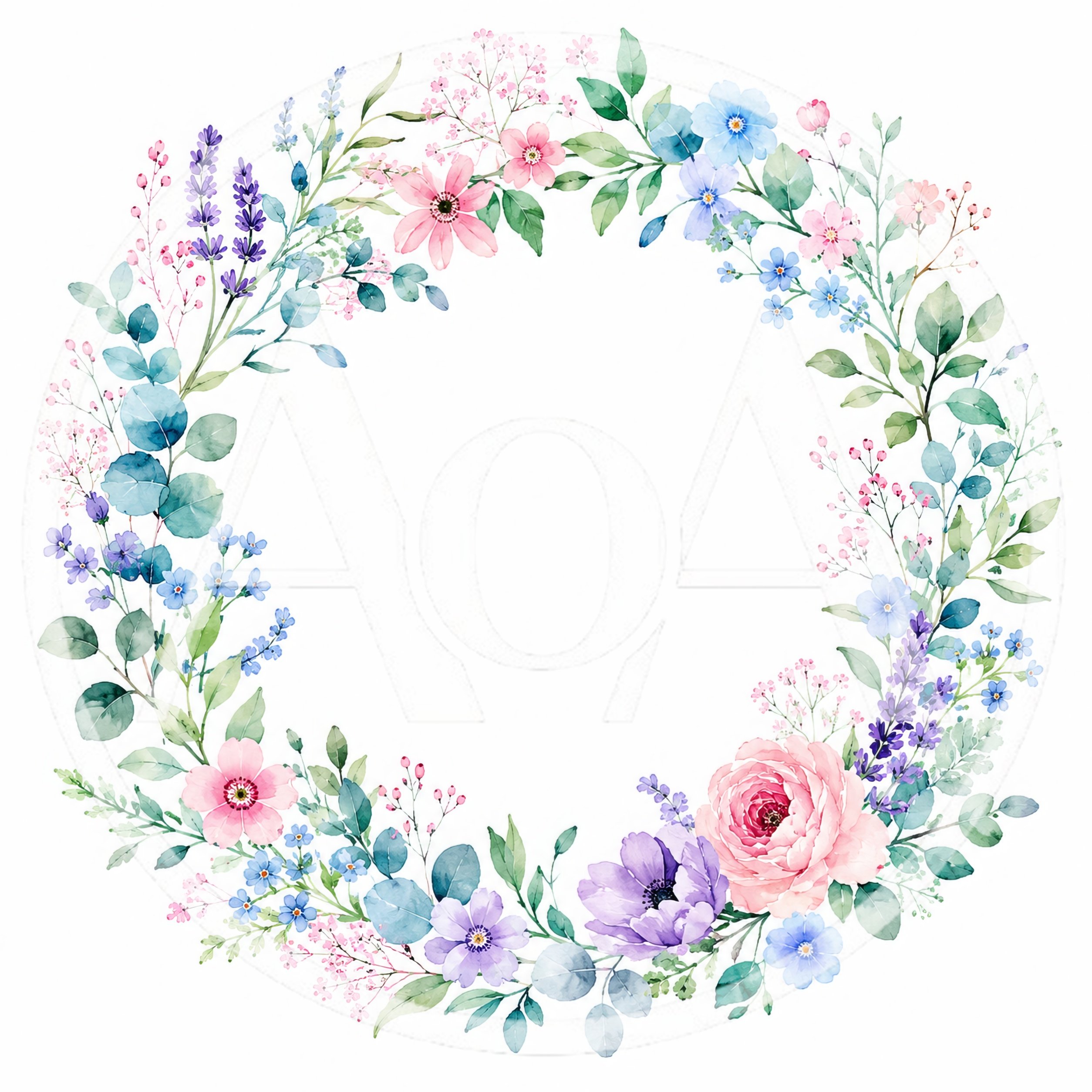 Watercolor Floral Wreath With Pink And Purple Flowers
