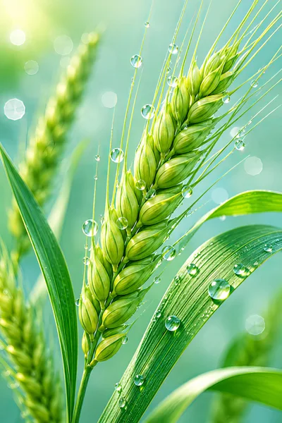 Fresh Green Wheat Stalks With Morning Dew Drops