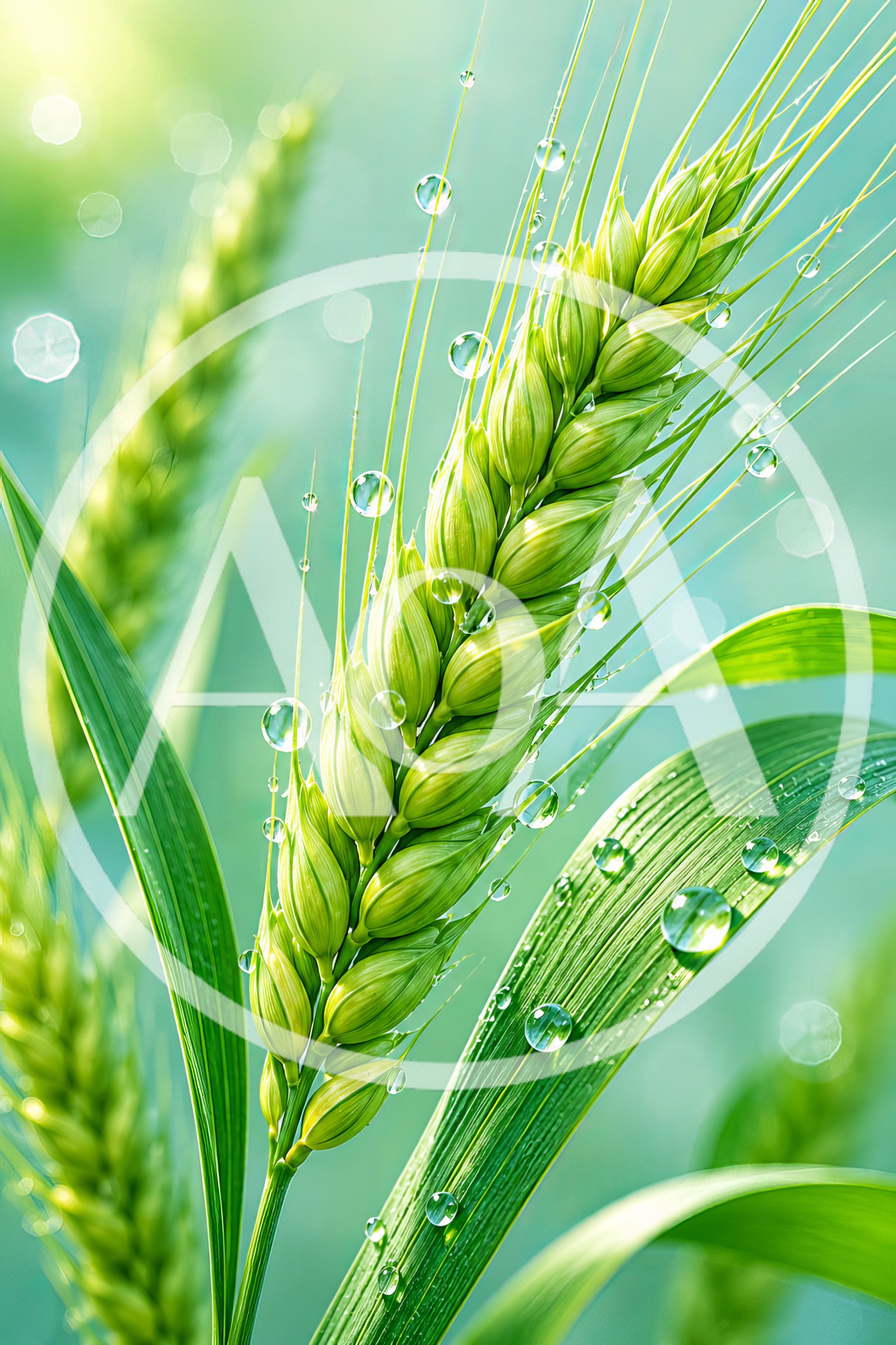 Fresh Green Wheat Stalks With Morning Dew Drops