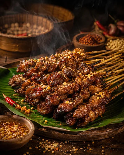 Grilled Satay Skewers Served on Banana Leaf