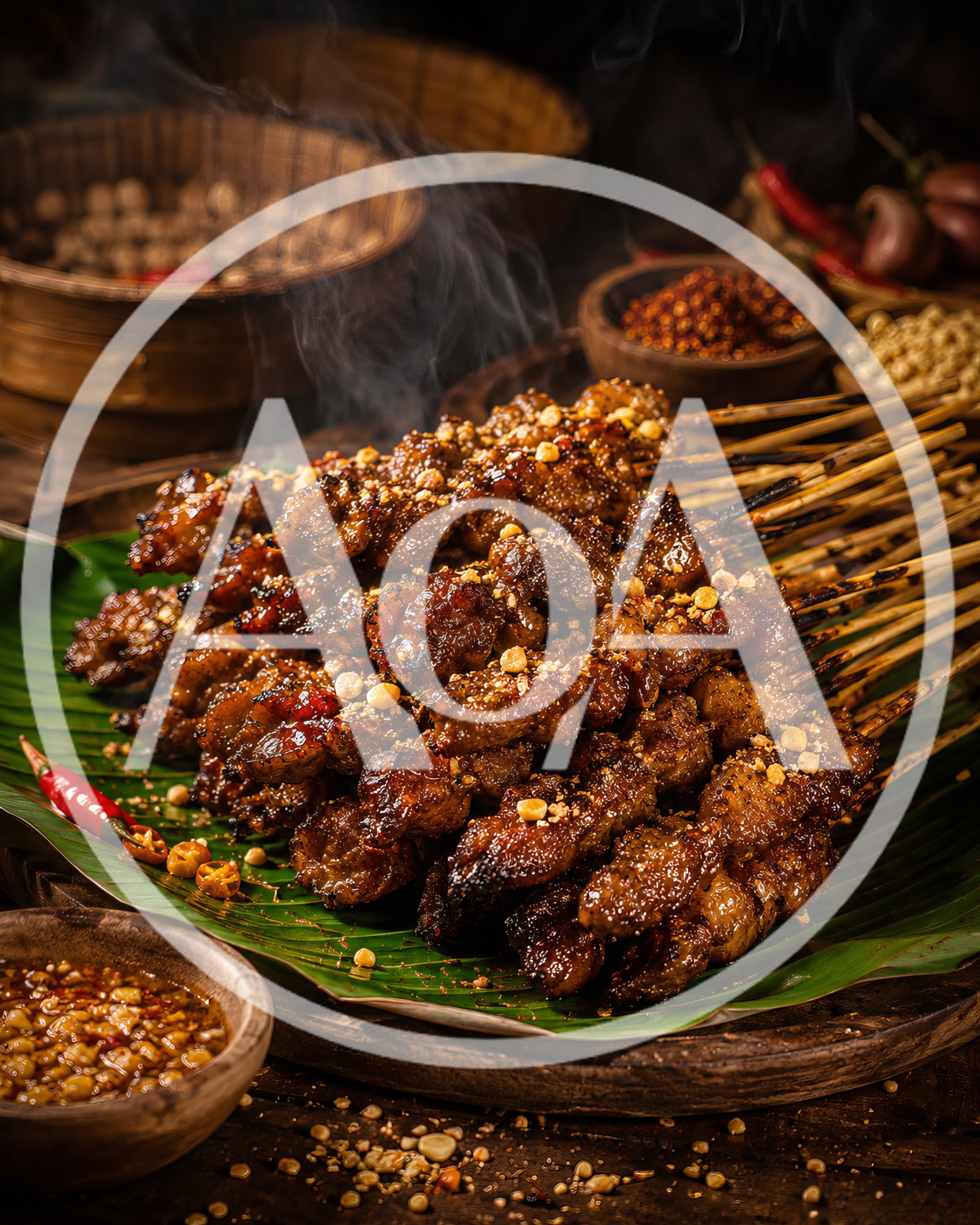 Grilled Satay Skewers Served on Banana Leaf